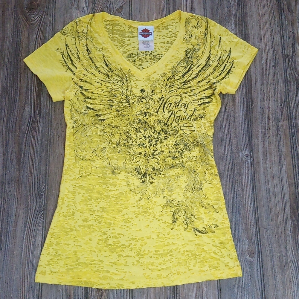 Harley Davidson Lightweight Yellow  Burnout V Neck Angel Wing T Shirt Top